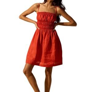 Gillia Red Linen Mini Dress Spaghetti Strap Convertible Strapless Shirred Waist